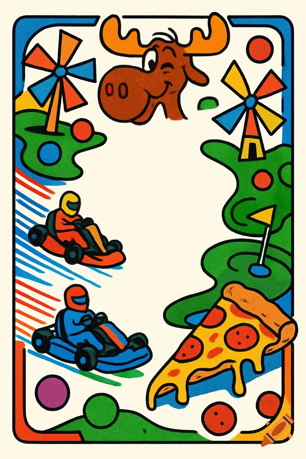 A colorful cartoon illustration of a winking moose, go-karts, windmills, a mini-golf hole, and a slice of pizza arranged around a blank center.
