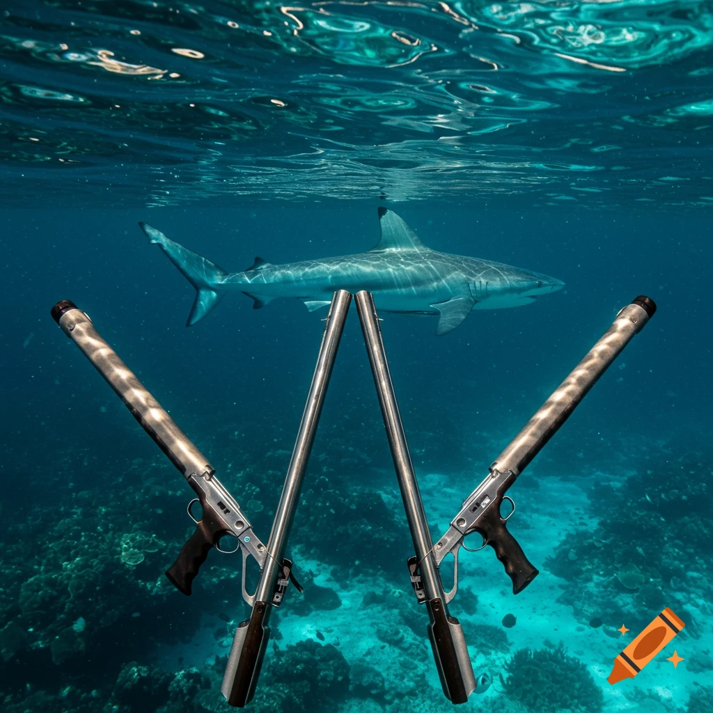 Two spearguns crossed underwater, with a shark swimming in the blue ocean behind them.