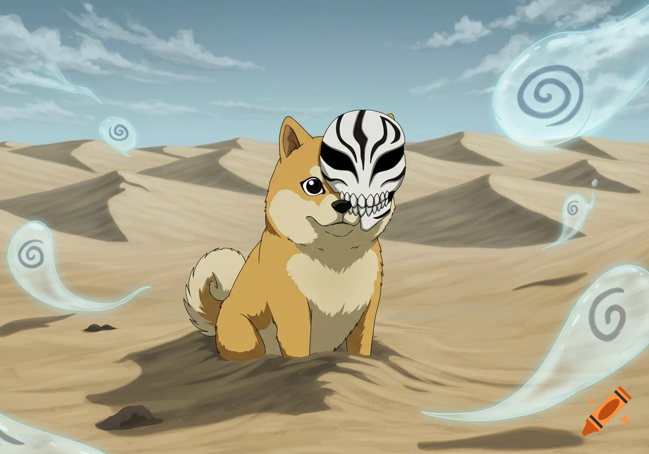 A cartoon Shiba Inu dog wearing a black and white Hollow mask from Bleach, sitting in a desert with floating spiral spirits under a cloudy sky.