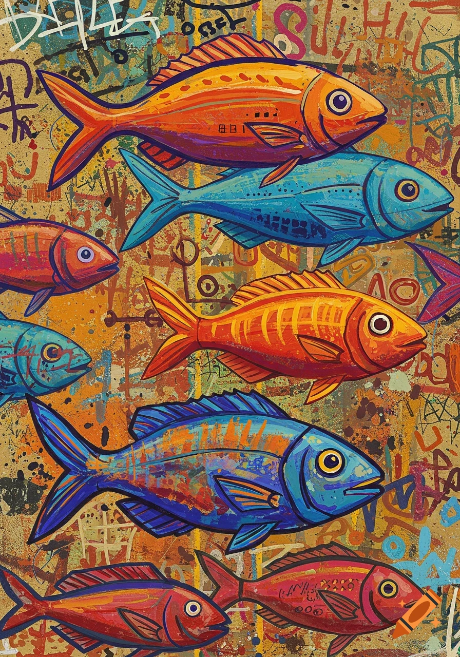 Stylized orange, blue, and red fish swim across a vibrant, textured background resembling abstract graffiti.