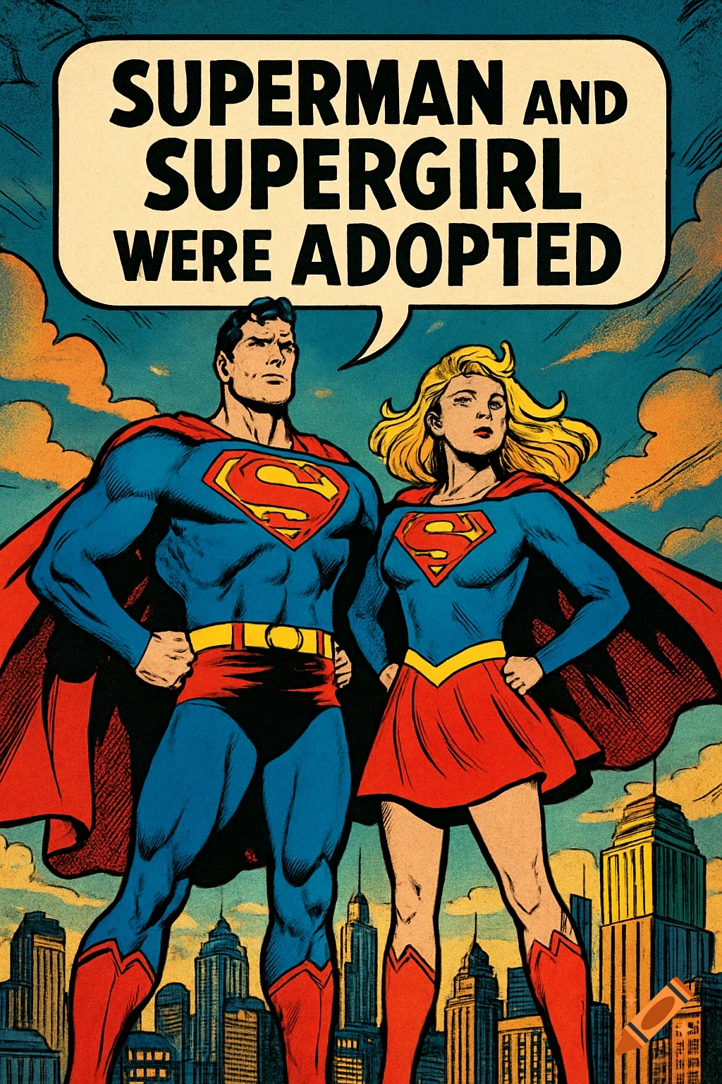 Comic book style illustration of Superman and Supergirl standing in front of a city, a speech bubble reads 'Superman and Supergirl were adopted'.