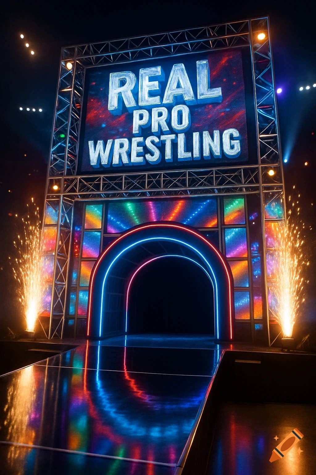 A modern pro wrestling entrance stage with a large screen displaying "REAL PRO WRESTLING", illuminated by neon lights and pyrotechnics.