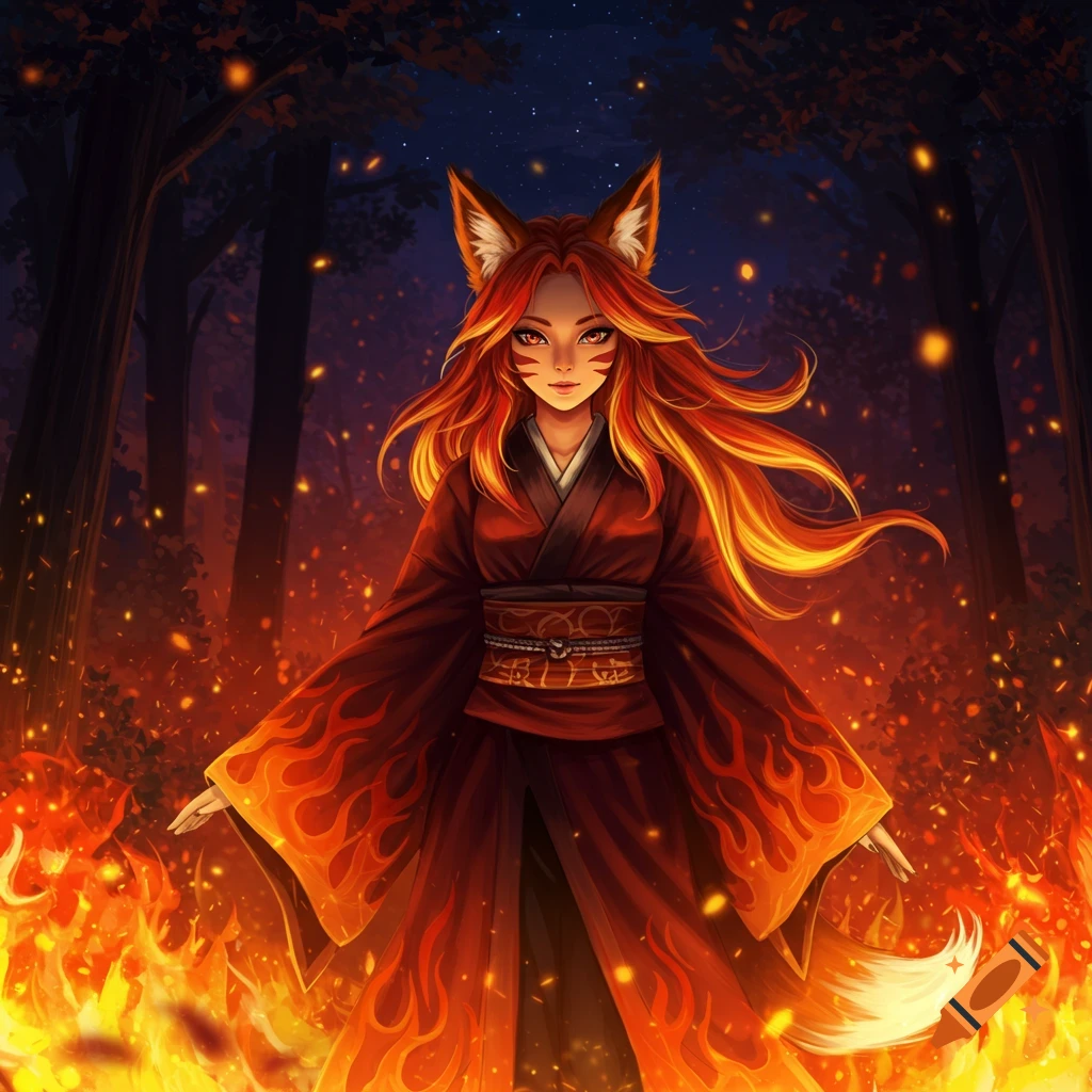 An anime fox girl with fiery red hair and ears, wearing a red kimono with fire patterns, stands surrounded by flames in a dark forest.