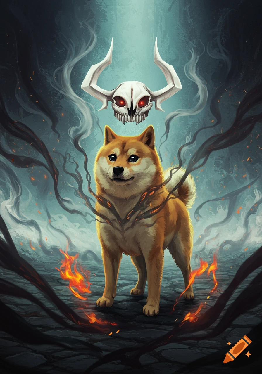 An illustration of a Shiba Inu dog standing amidst dark smoke and fire, with a horned skull floating above its head in a fantasy setting.