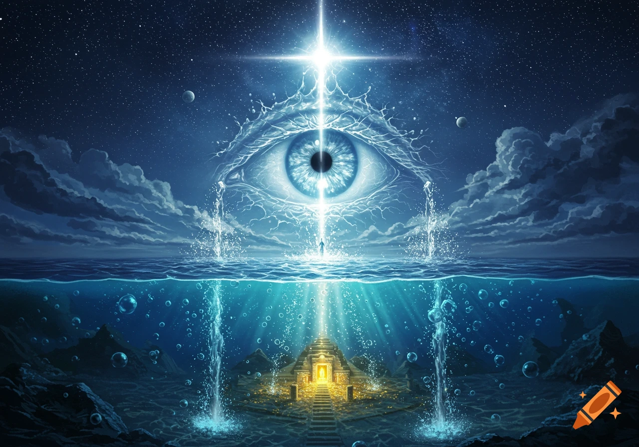 A mystical blue scene with a large cosmic eye of water and light hovering over an ocean, under a star-filled sky. Below the surface, an ancient underwater temple glows with golden light, with streams of water falling from above.
