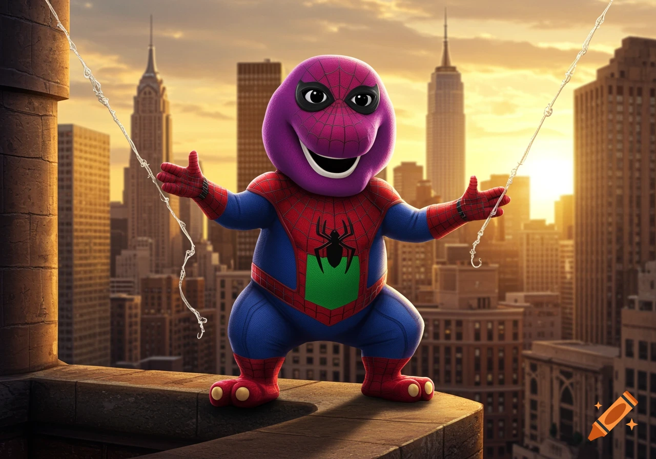 Barney the purple dinosaur dressed as Spider-Man stands on a city rooftop with skyscrapers and a sunset in the background.