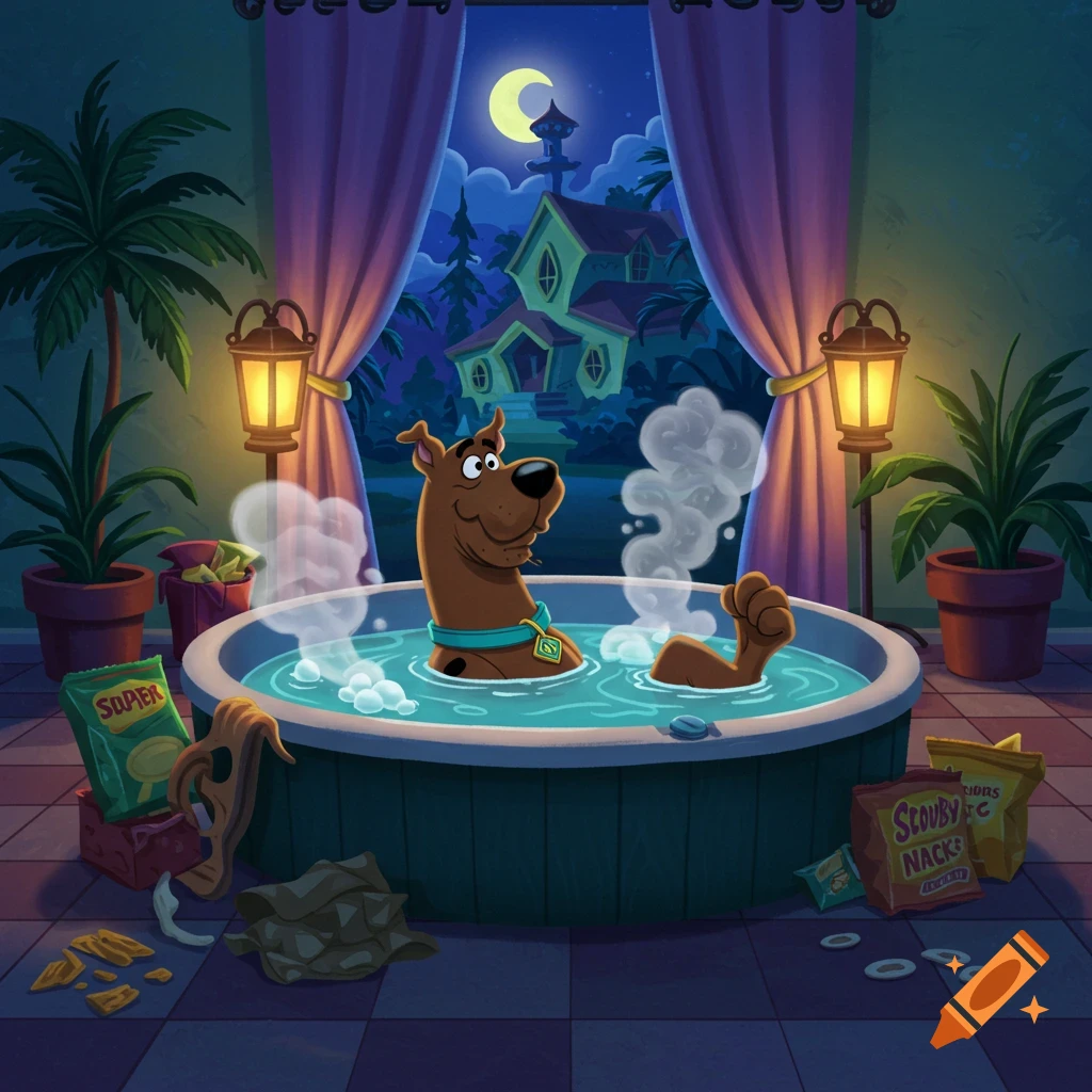 Cartoon Scooby Doo relaxing in a steaming hot tub indoors, with snack bags on the floor and a full moon shining on a haunted house outside.