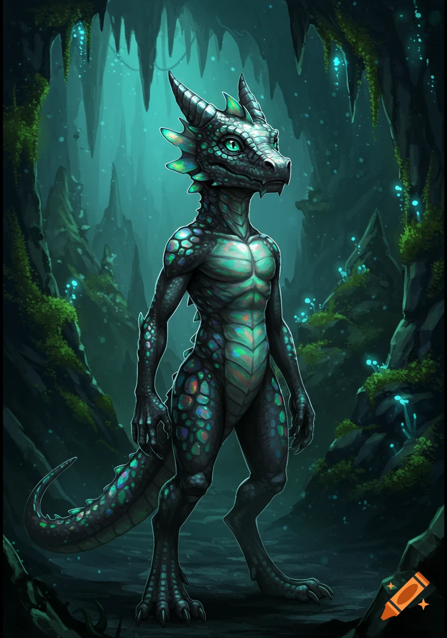 A muscular, black and green reptilian creature with iridescent scales stands in a dark, glowing fantasy cave.