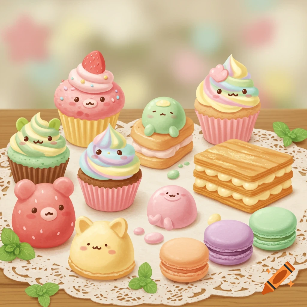 A whimsical illustration of various pastel-colored, cute snacks and desserts with smiling faces, including cupcakes, macarons, and pastries, arranged on a lace doily.
