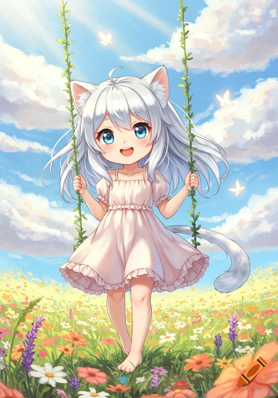 A cute anime cat girl with white hair and blue eyes swings on a vine in a vibrant flower field under a sunny sky.