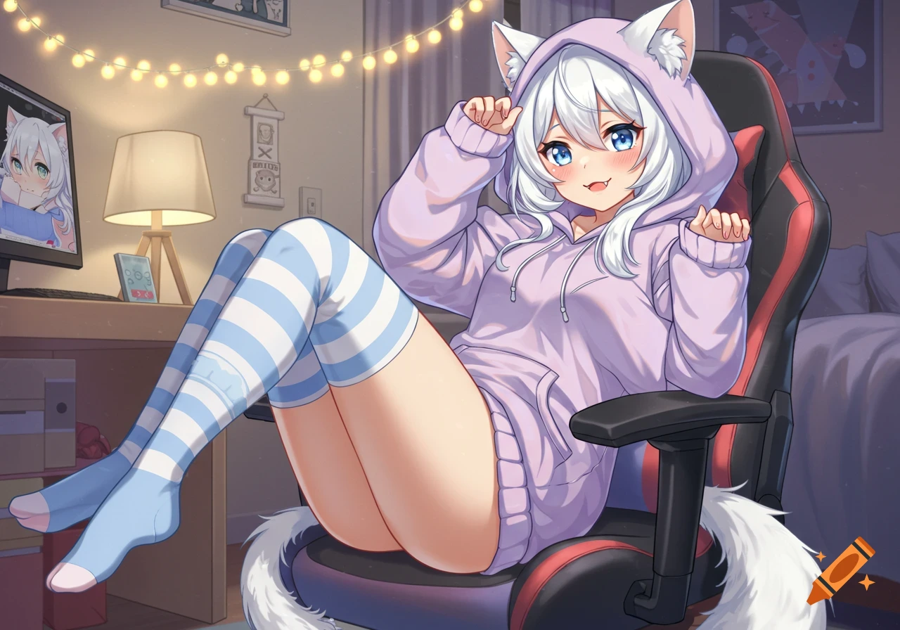 An anime catgirl with white hair and blue eyes, wearing a purple hoodie and striped thigh-high socks, lounges in a gaming chair.
