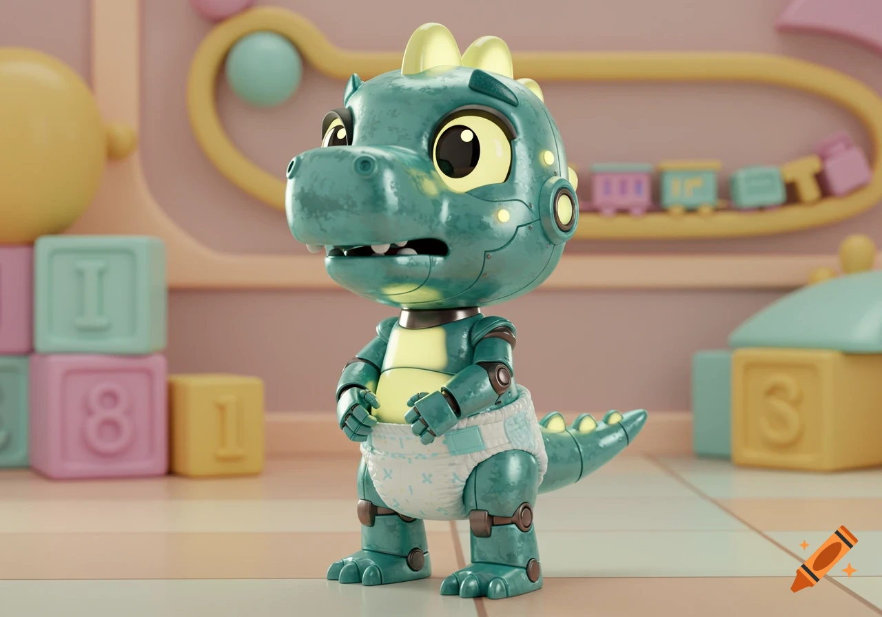 A cute 3D rendered robot baby dinosaur in a diaper stands in a pastel nursery with toy blocks.