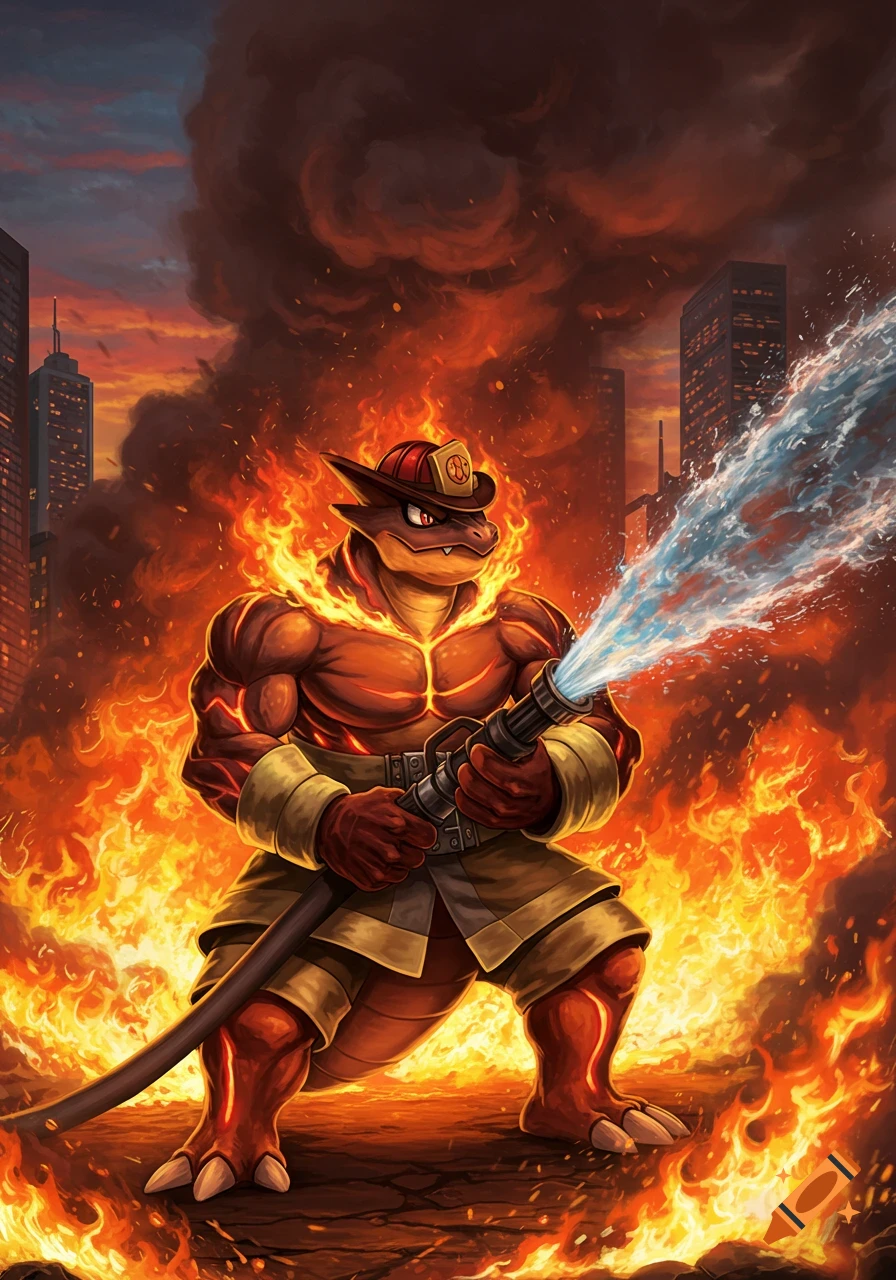 A muscular, reptilian firefighter creature battles a large city fire with a water hose in a vibrant fantasy art style.