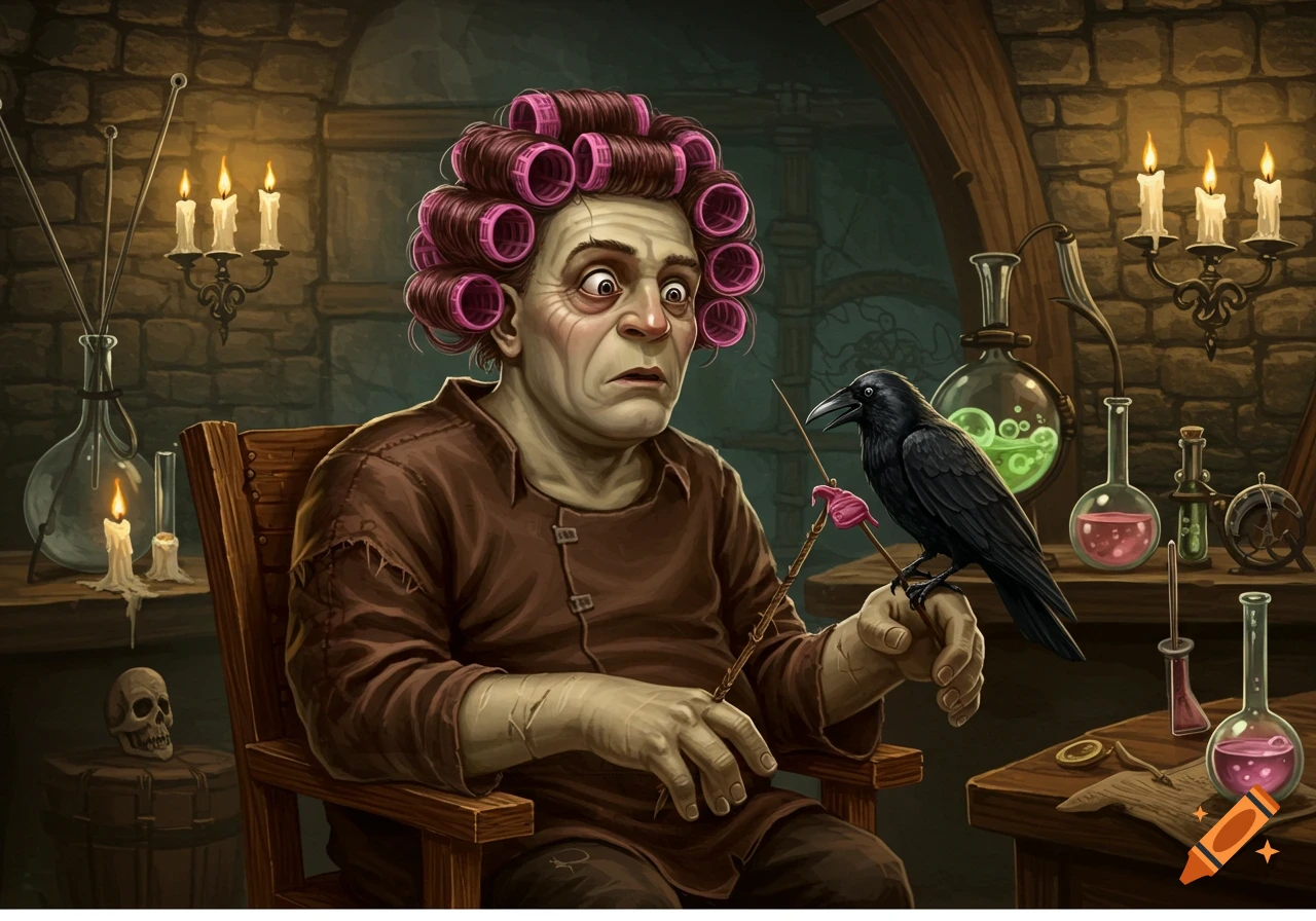 A grotesque man with pink hair curlers sits in a candlelit, stone-walled room, holding a stick with a crow perched on his hand, surrounded by alchemical flasks.