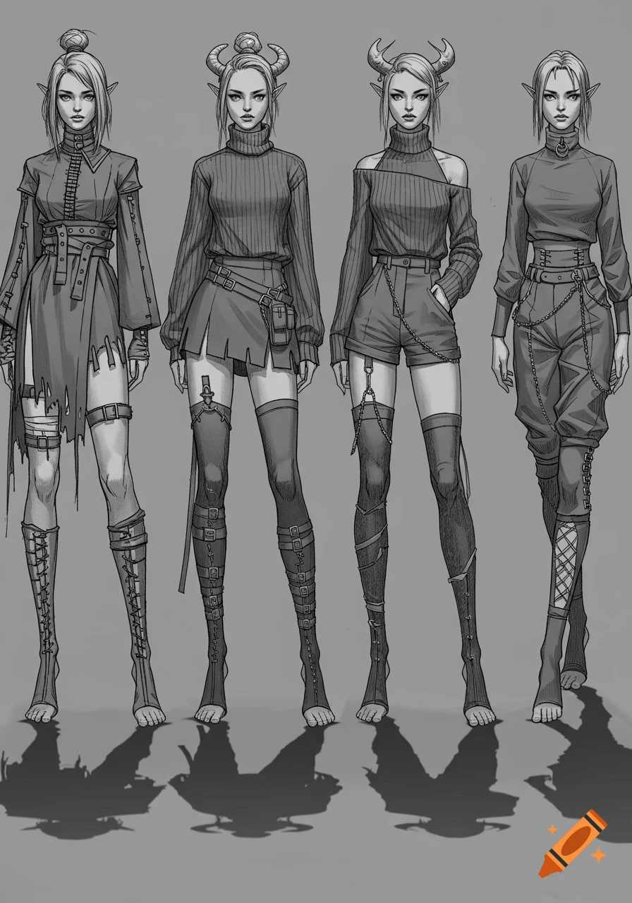 Grayscale sketch of four female fantasy characters in various punk-inspired, DIY outfits with modified clothing and leg wear.