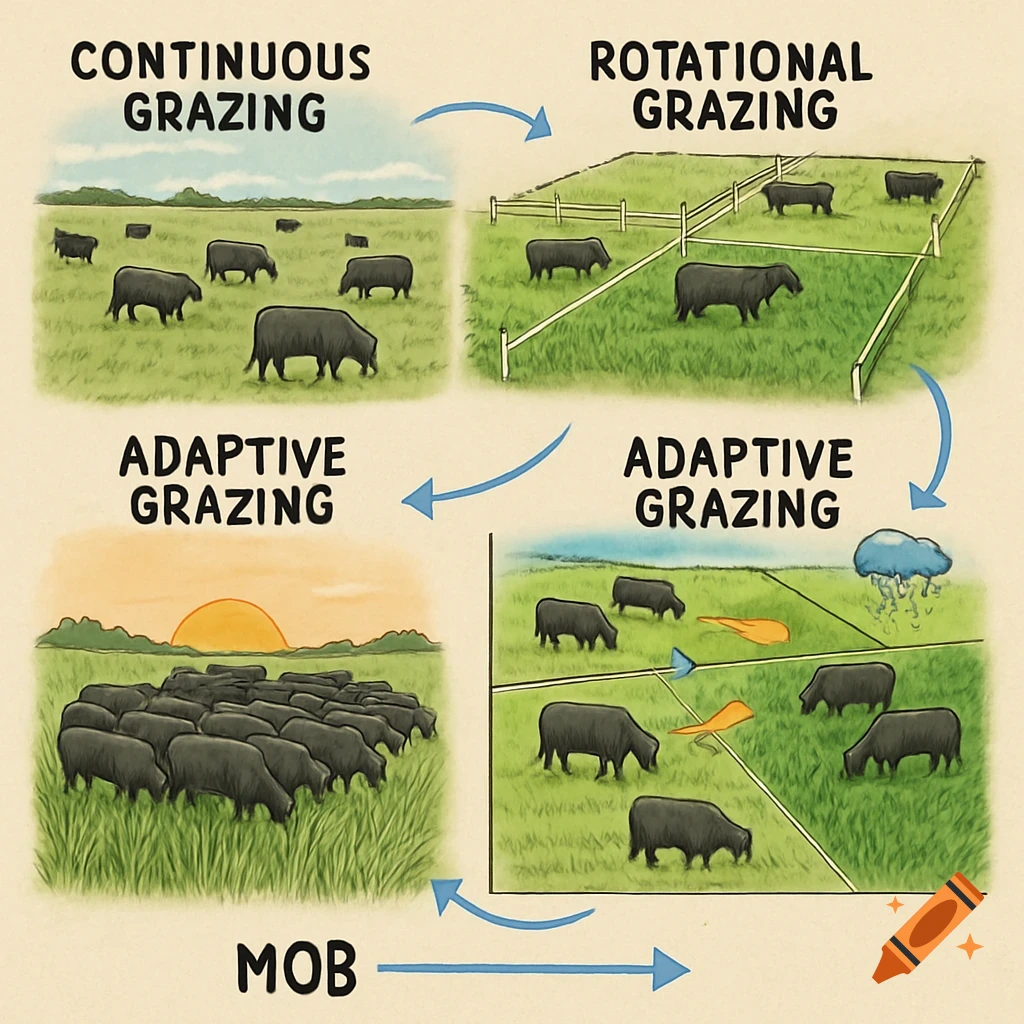 An illustrative diagram showing a cycle of continuous, rotational, adaptive, and mob grazing management for beef cattle.
