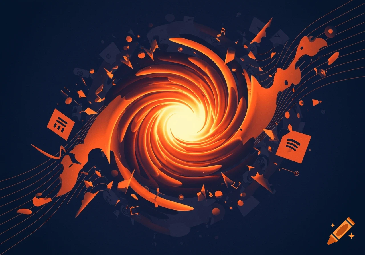 A vibrant abstract spiral vortex in orange and yellow, surrounded by exploding musical notes and stylized shapes on a dark blue background.