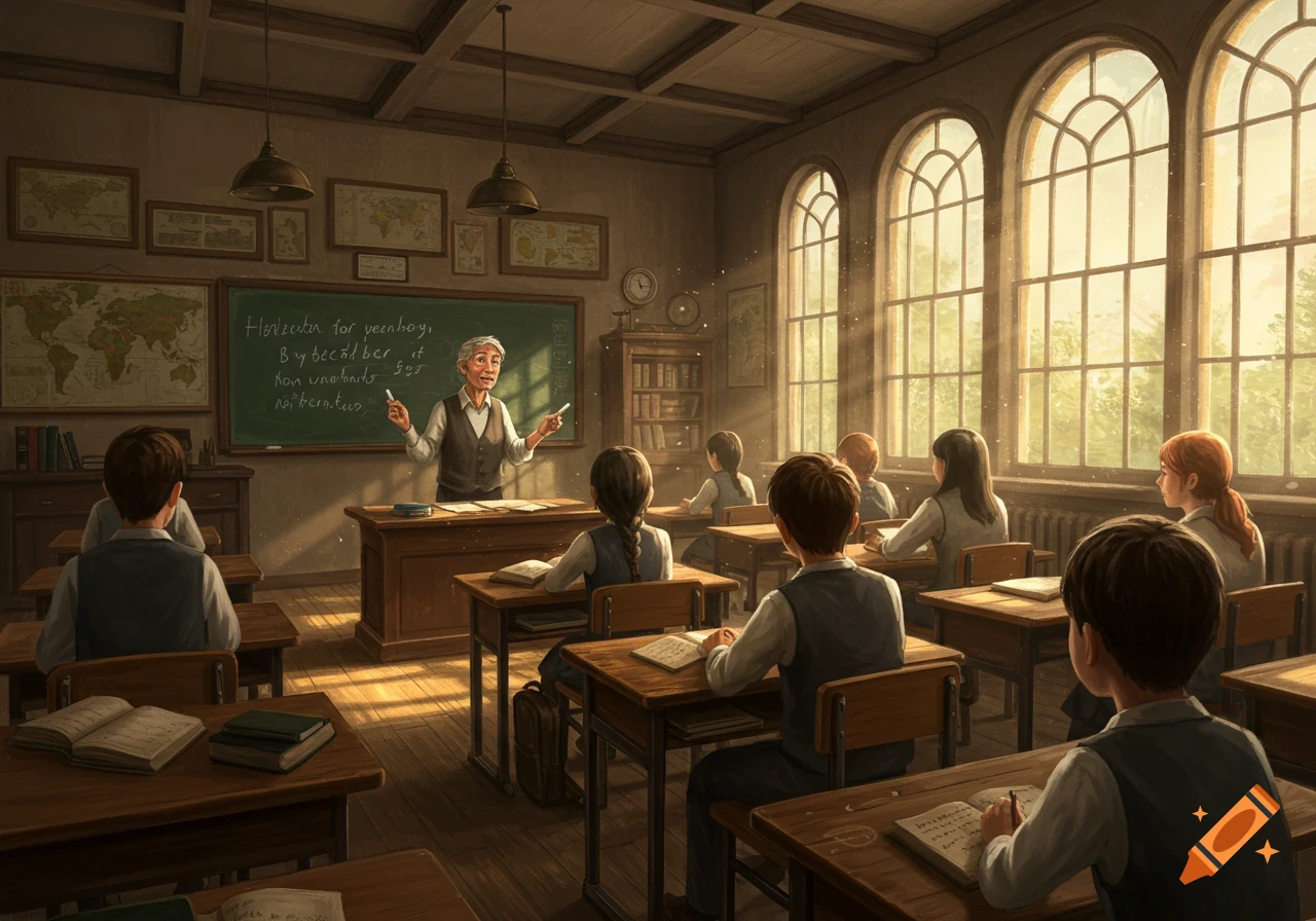 A classroom scene with a teacher standing at the blackboard and students sitting at desks, bathed in sunlight from large windows.