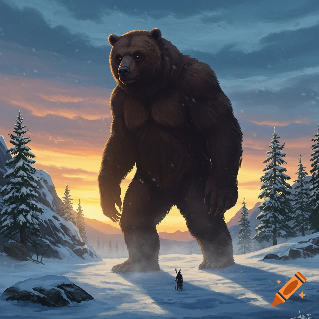 A colossal brown bear stands in a snowy mountain landscape at sunset, facing a tiny figure. Digital painting.
