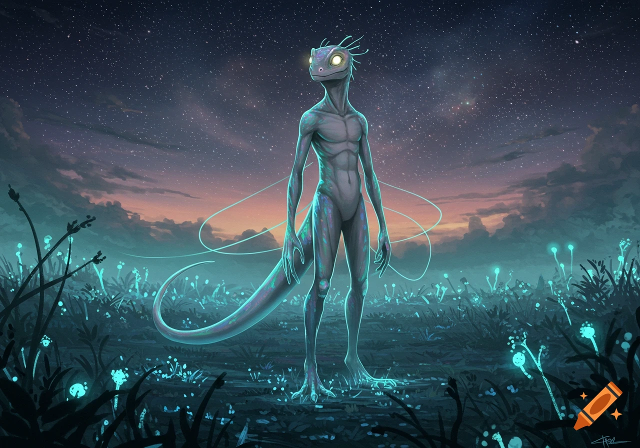 A tall, lizard-like man with glowing eyes stands in a field of glowing plants under a starry night sky.