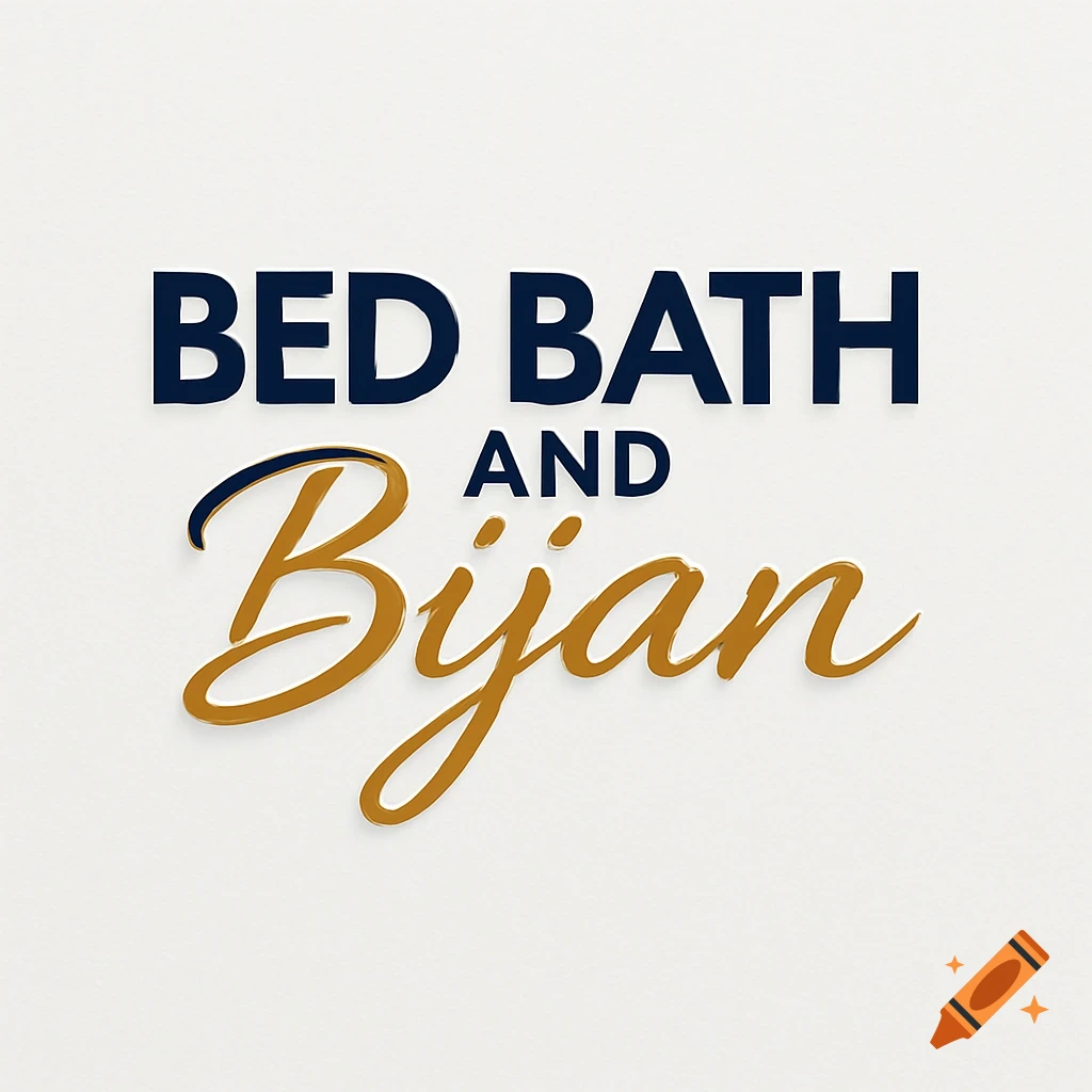 Logo with 'BED BATH' in blue capital letters, 'AND' in smaller blue capitals, and 'Bijan' in large golden script.