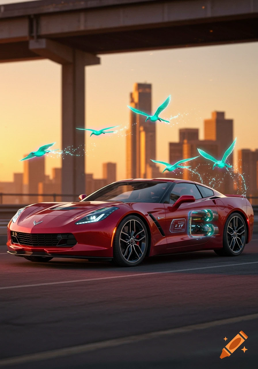 A red Corvette on a road with a cityscape at sunset, surrounded by glowing teal birds leaving sparkling trails, as if powering the car.