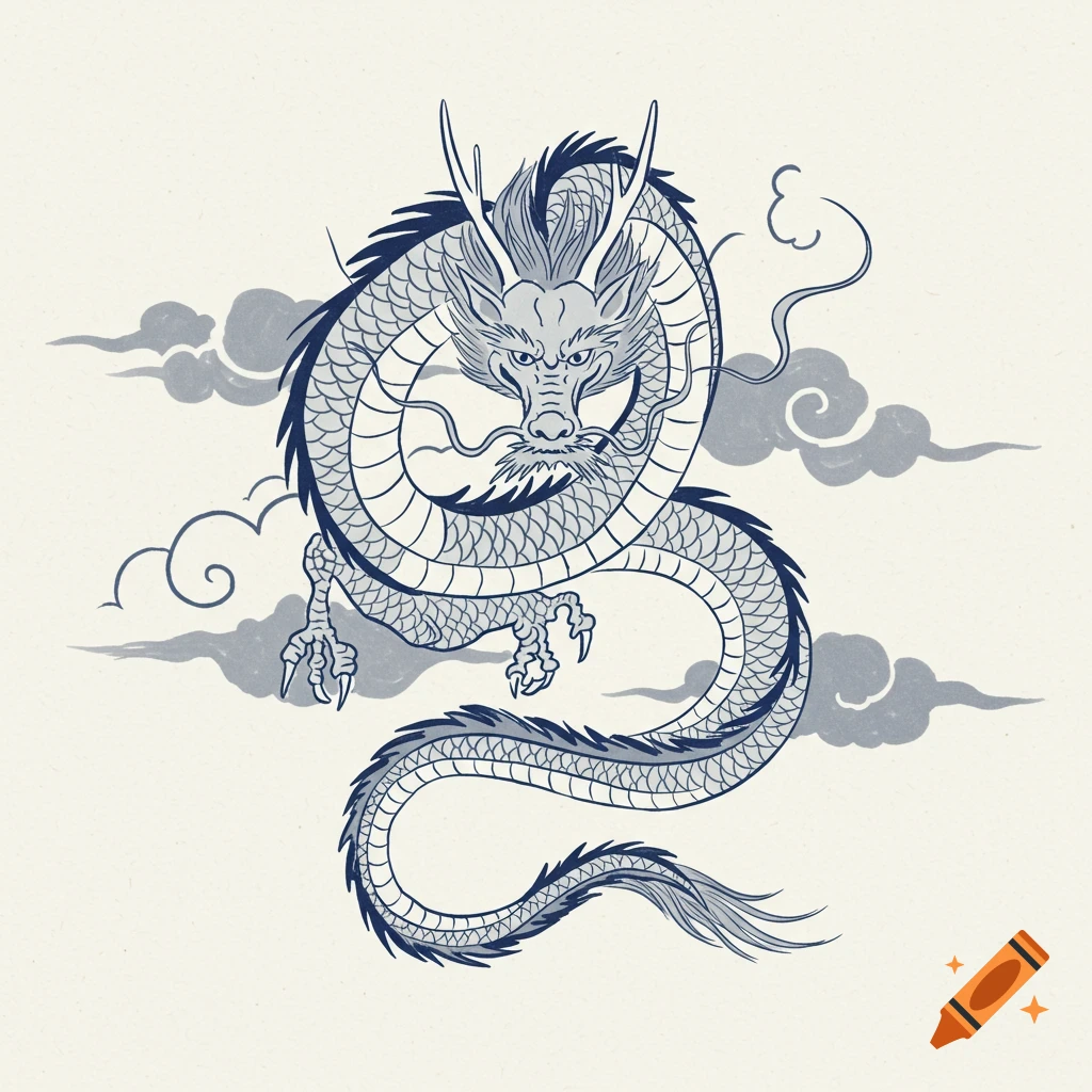 A minimalistic Japanese-style drawing of a gray and blue dragon with clouds on an off-white background.