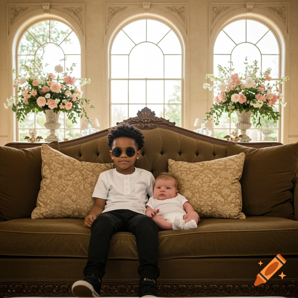A young boy in sunglasses sits on a brown couch next to a baby, with arched windows and floral arrangements in a mansion background.