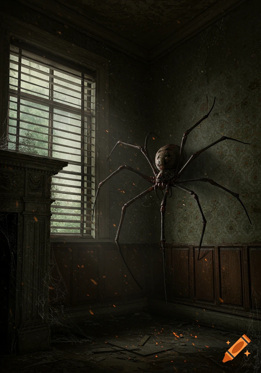 A giant, creepy spider with long legs clinging to a dark, dilapidated wall in an abandoned room.