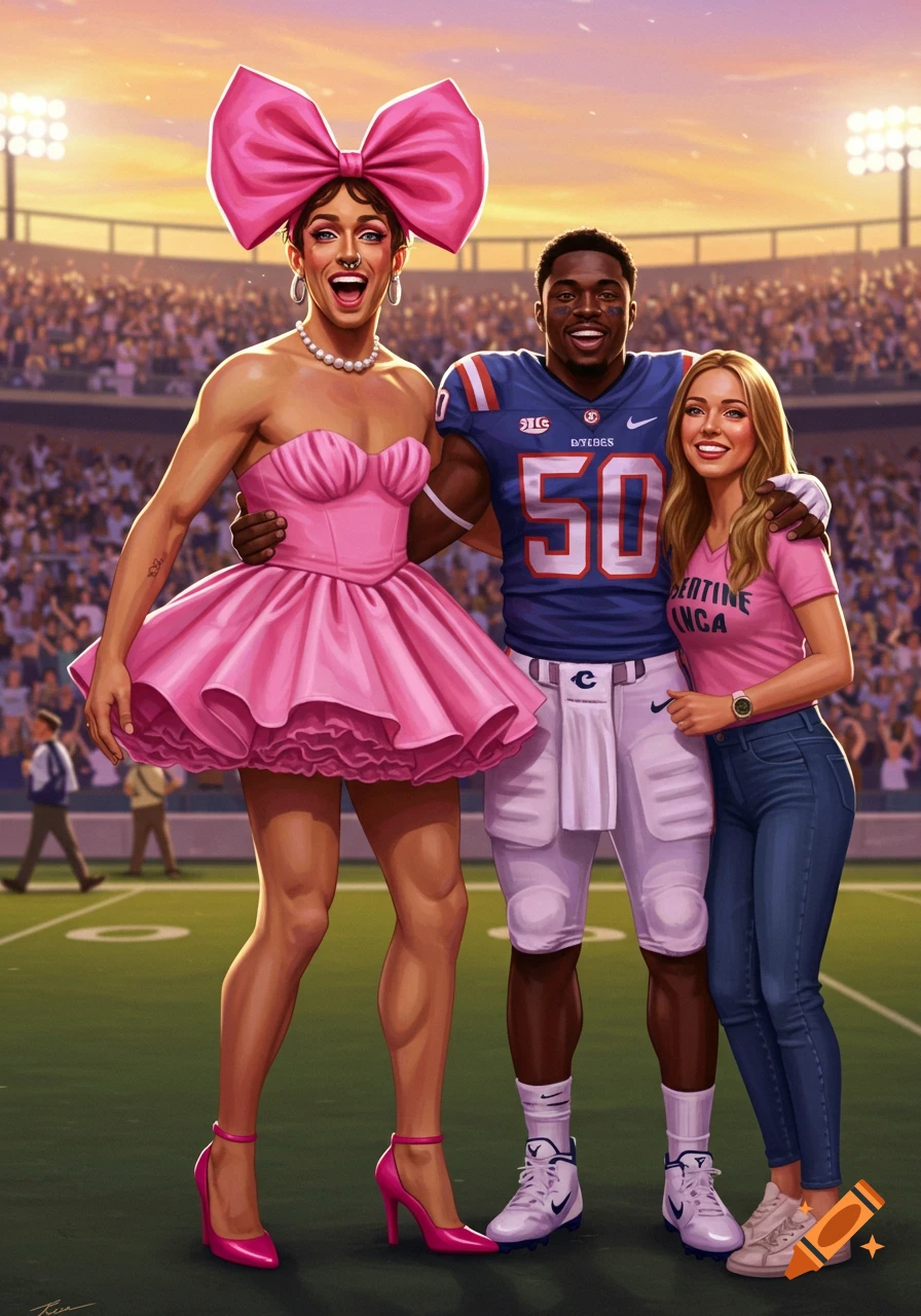 A person in a pink strapless dress and a large pink bow poses with an African American football player and a Caucasian woman on a football field, in a realistic style.