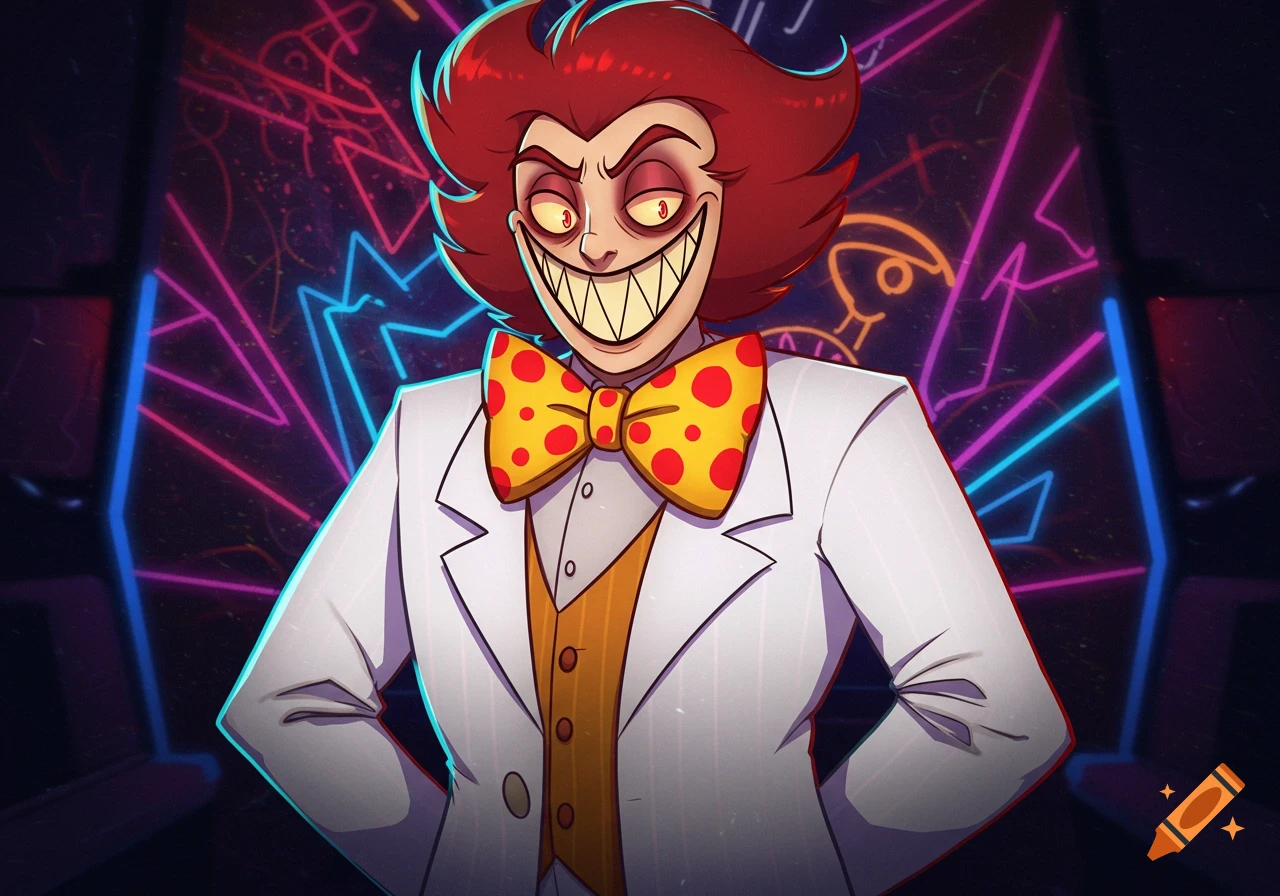 A cartoon character with red hair, red eyes, and a sinister grin showing sharp teeth, wearing a white suit and yellow polka-dot bow tie, against a neon-lit background.