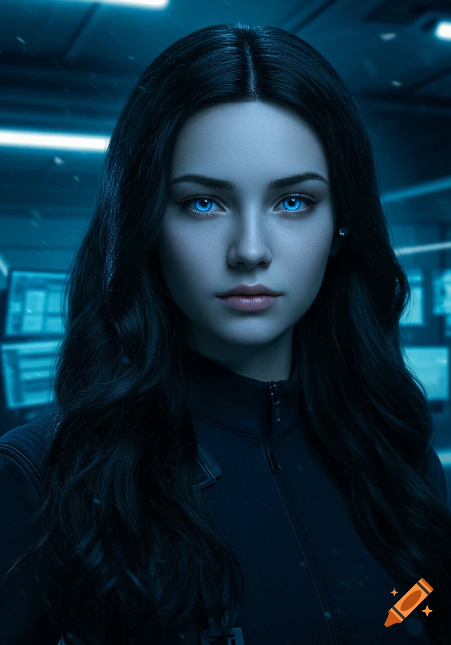 Realistic portrait of a young secret agent with long black hair and piercing blue eyes, in a dim high-tech spy facility.
