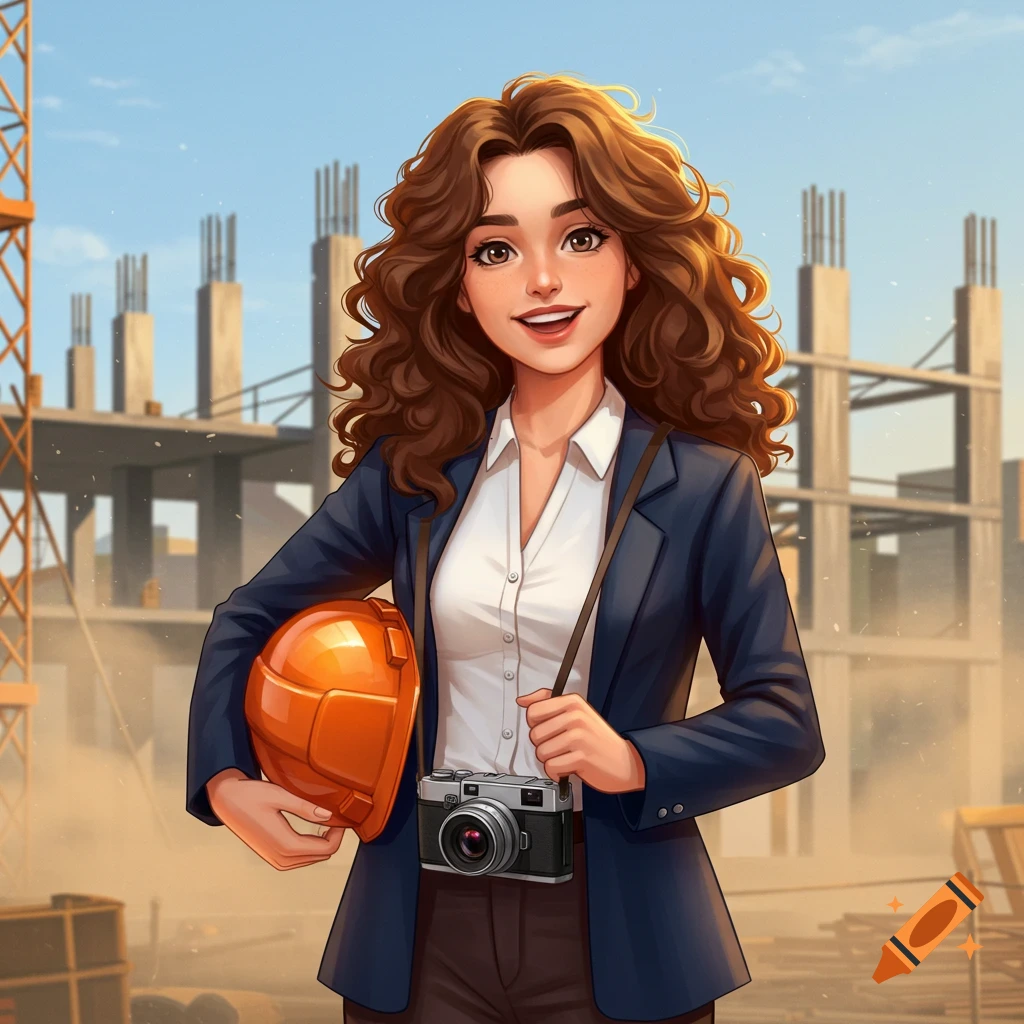 An illustrated woman with curly brown hair smiles, holding an orange hard hat and a camera, in front of a construction site.