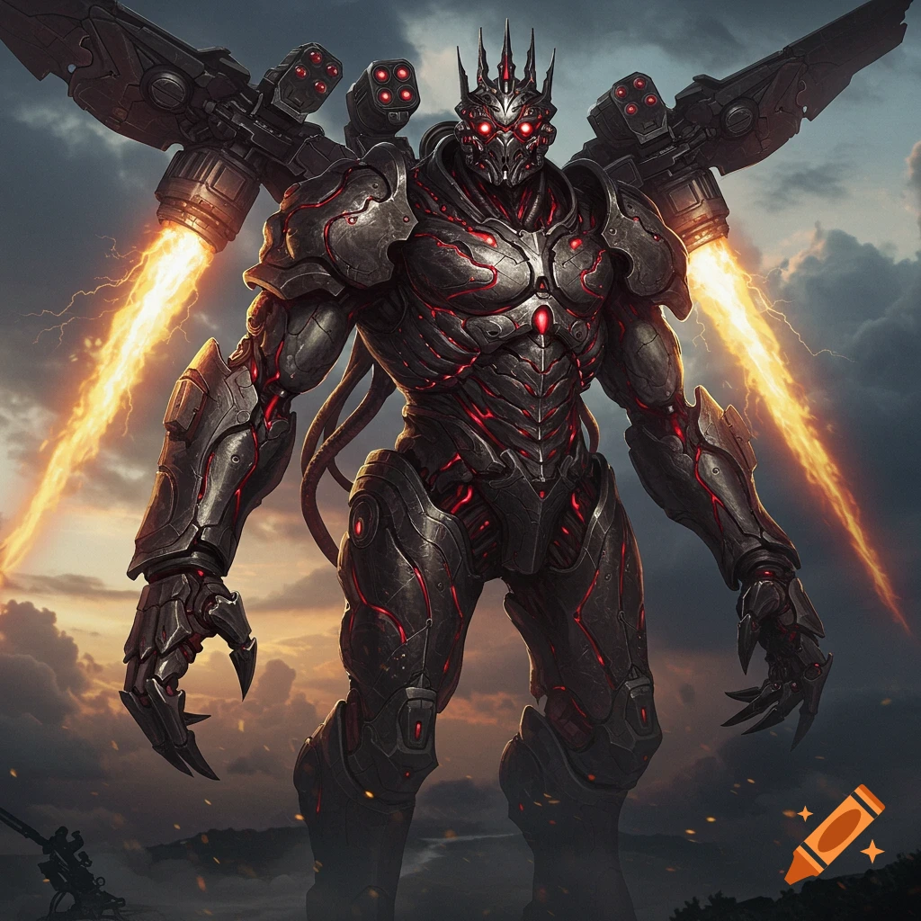 A colossal dark armored robot with glowing red energy veins, missile silos, and thruster wings emitting flames against a dramatic cloudy sky.