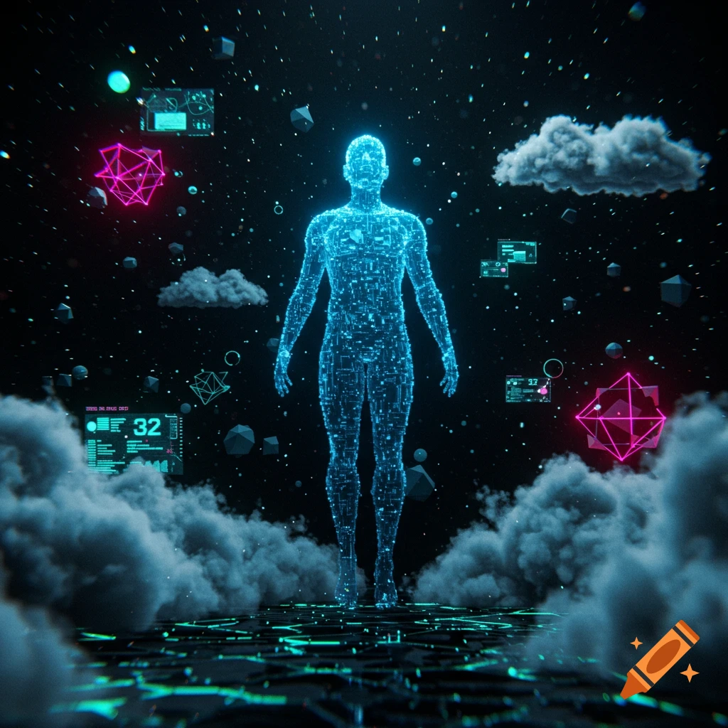 A glowing blue human-like hologram stands in a dark, futuristic space with floating geometric shapes, clouds, and digital displays.