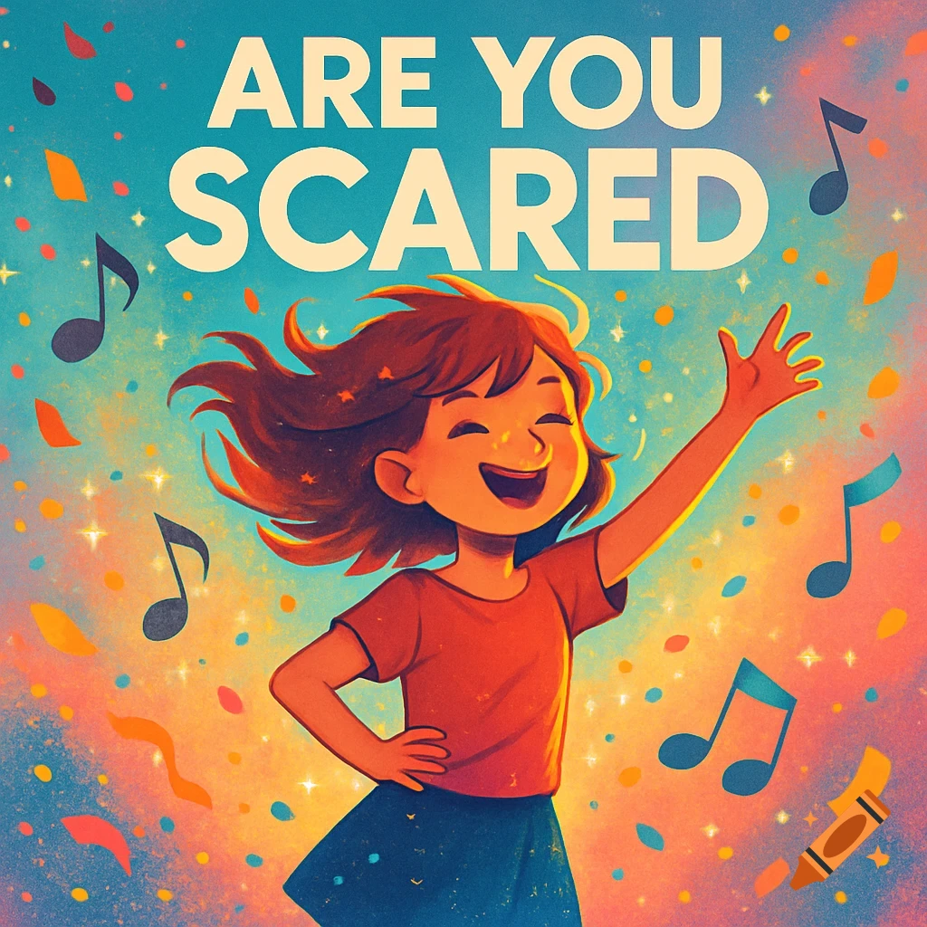 A happy, cartoon-style girl with red hair dances amidst confetti and musical notes, with 'ARE YOU SCARED' text above.