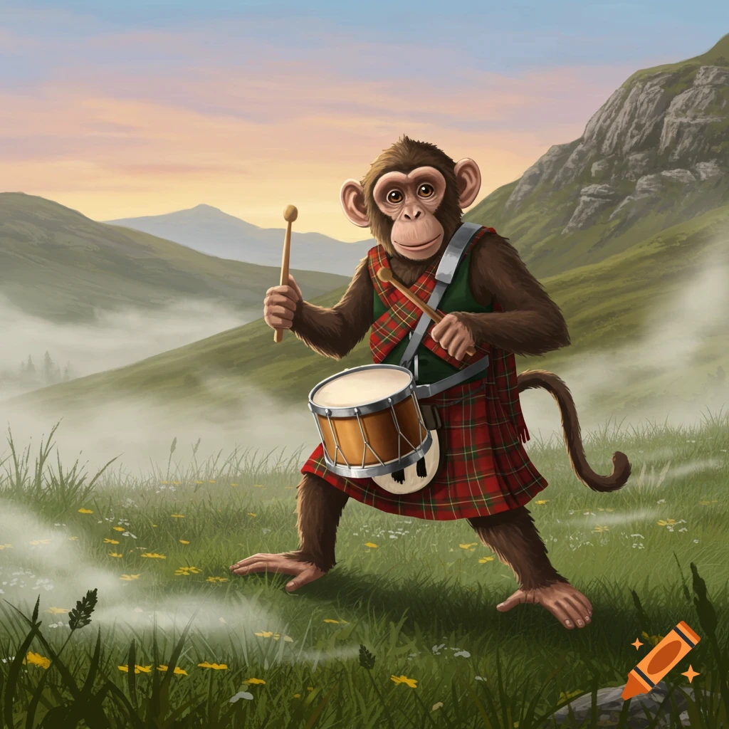 A brown monkey wearing a red tartan Scottish kilt plays a drum in a misty, green, mountainous landscape with wildflowers.