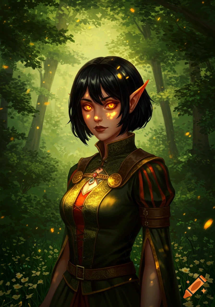 Fantasy portrait of a dark-haired woman with glowing orange eyes and pointed ears, in a medieval dress, standing in a forest.