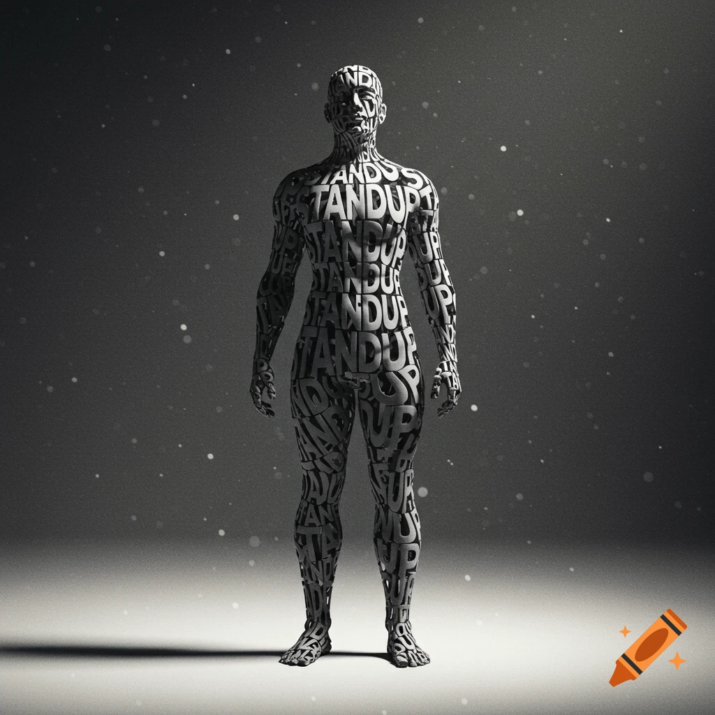 A monochromatic, full-body shot of a human figure composed entirely of the word "STANDUP" repeated, against a dark background with subtle light particles.