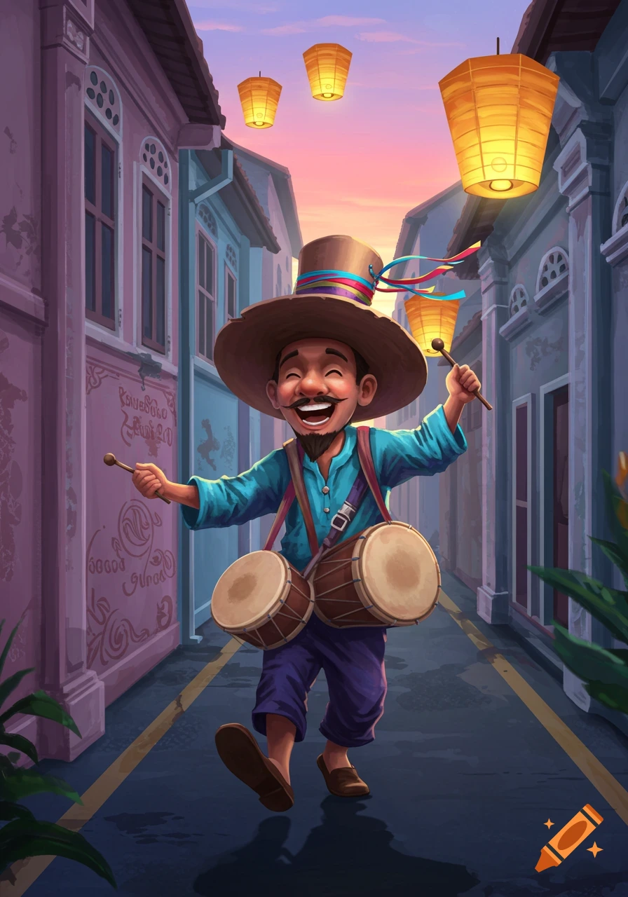 A happy man in a wide-brimmed hat plays drums, walking down a street with colorful buildings and glowing lanterns in a cartoon style.