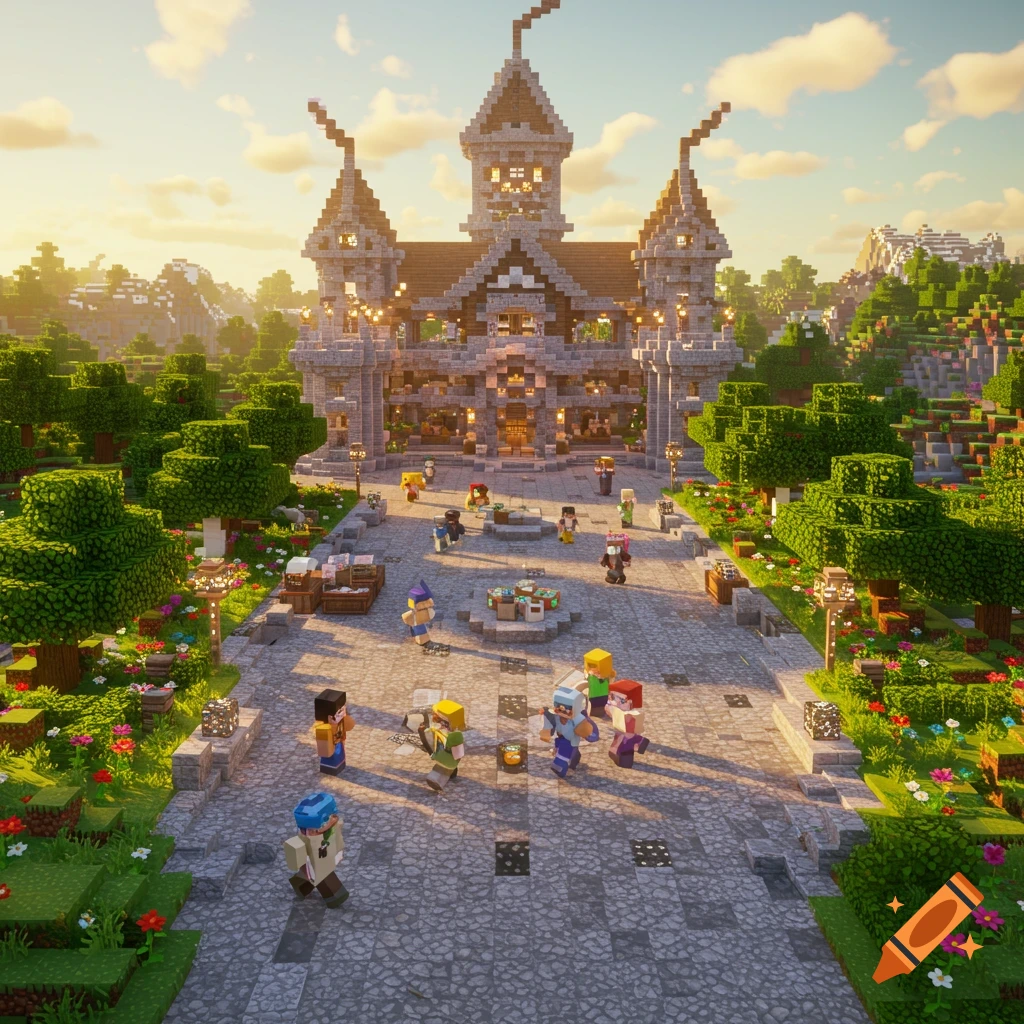 A vibrant, detailed Minecraft-style castle with a bustling courtyard and blocky characters under a sunny sky.