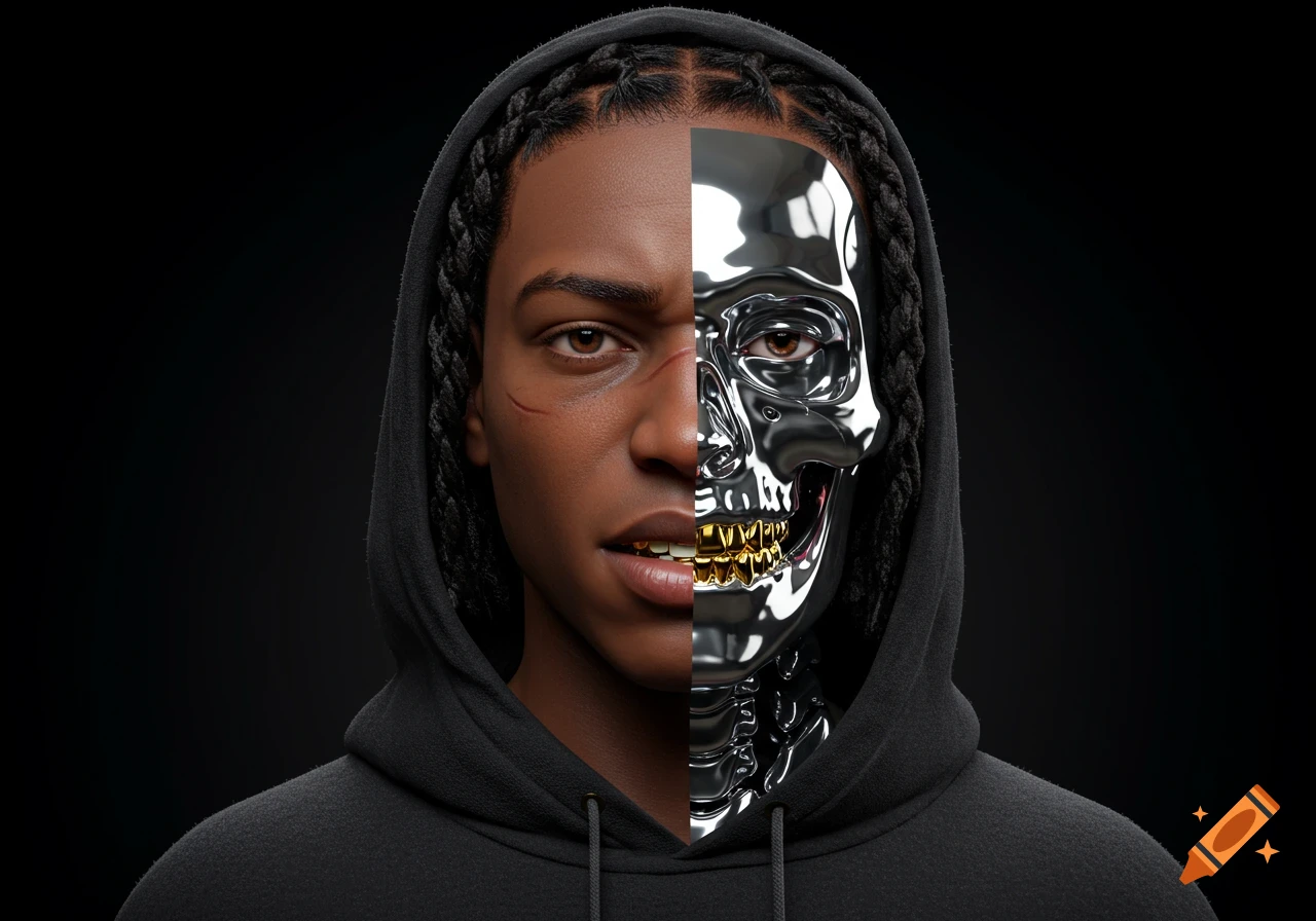 Close-up of a young man with one side of his face human with braids and a scar, the other a chrome skeleton with gold teeth, wearing a black hoodie.
