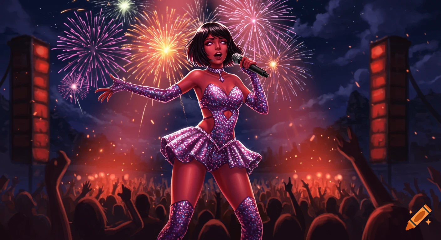 A red-skinned female elf in a sparkly purple outfit sings on stage at a night concert with fireworks exploding above a cheering crowd.