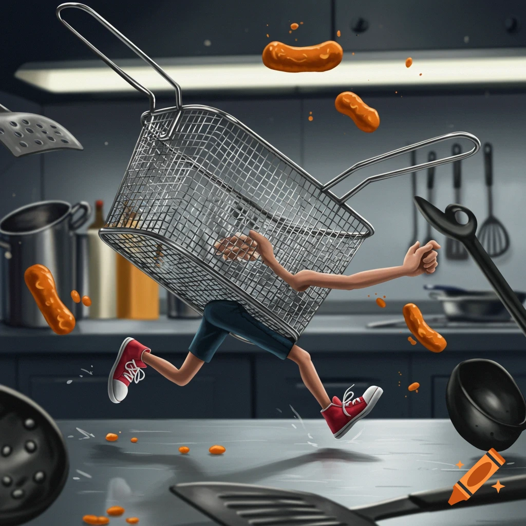 A cartoon deep fryer basket with human arms and legs runs frantically through a kitchen, with food and utensils flying around.