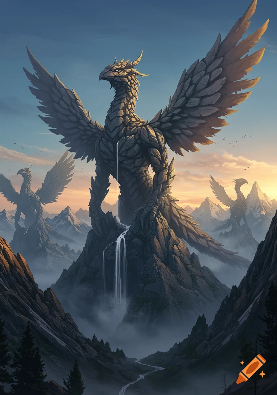 Three colossal stone phoenix statues form mountains in a misty valley at sunset, with a waterfall flowing from the central figure.