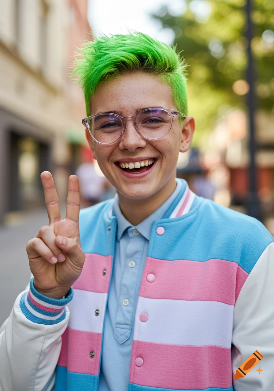 A young person with bright green hair and glasses smiles while making a peace sign, wearing a transgender pride flag varsity jacket in a city street.