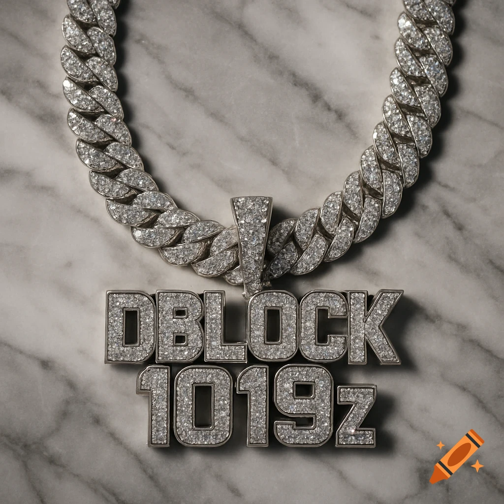 Thick diamond cuban link chain with a diamond-encrusted pendant reading DBLOCK 1019z, lying on a marble surface.