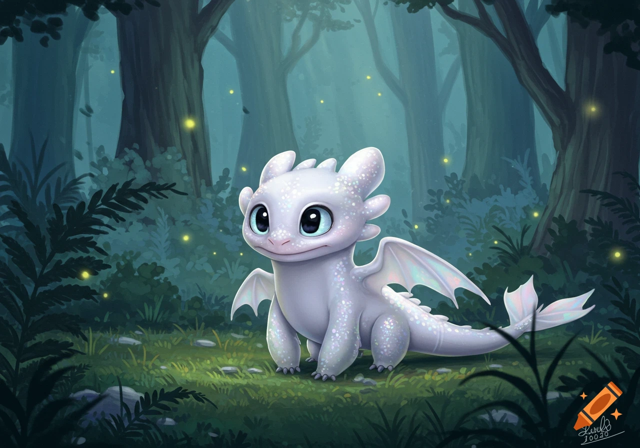 A cute, sparkling white Light Fury dragon with blue eyes sits in an enchanted forest with fireflies.