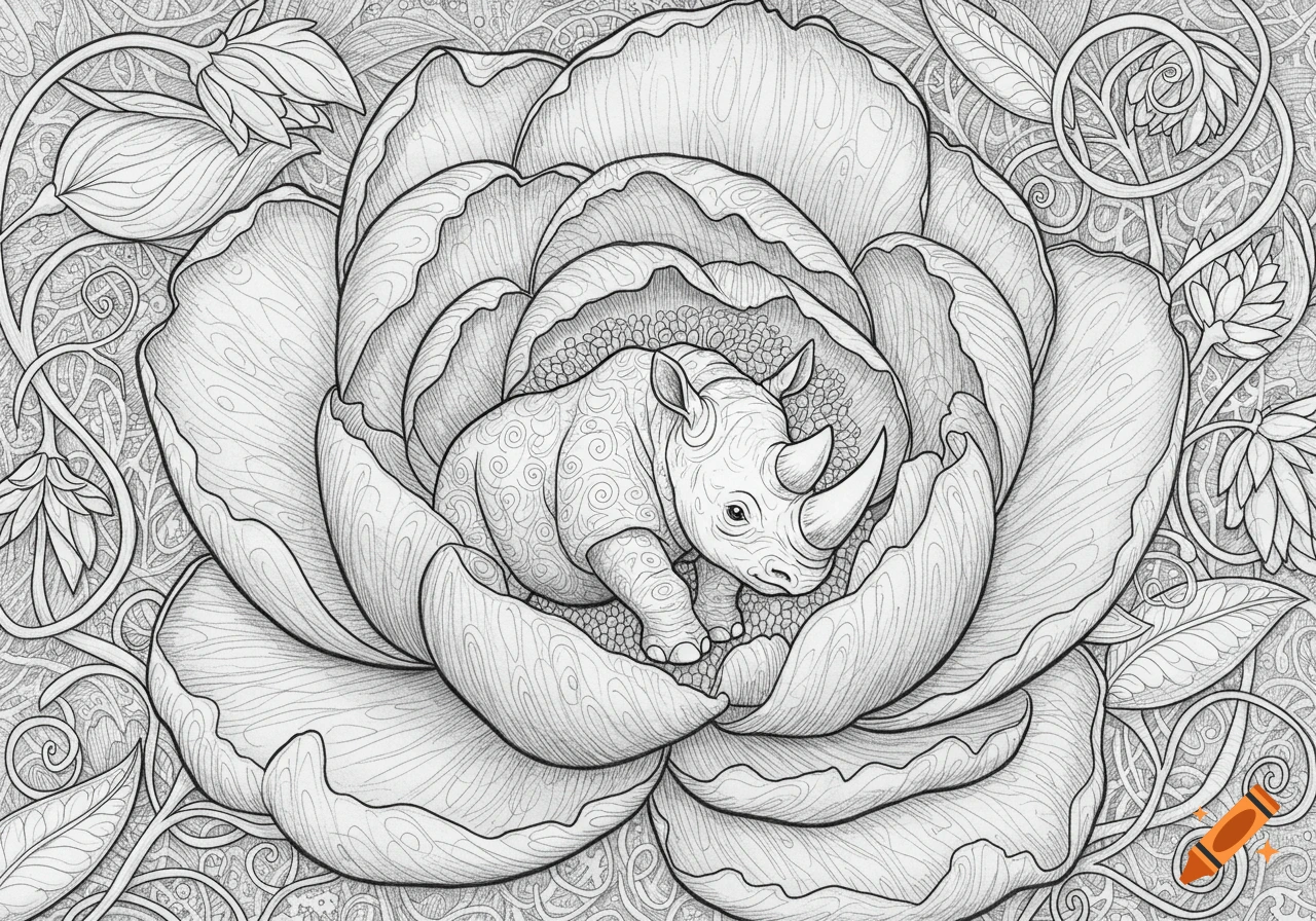 Detailed line art coloring page of a baby rhinoceros nestled inside a large blooming flower, surrounded by ornate foliage.