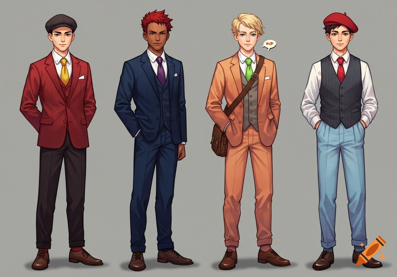 Four young men in anime style stand side-by-side, dressed in various stylish suits and formal wear against a gray background.